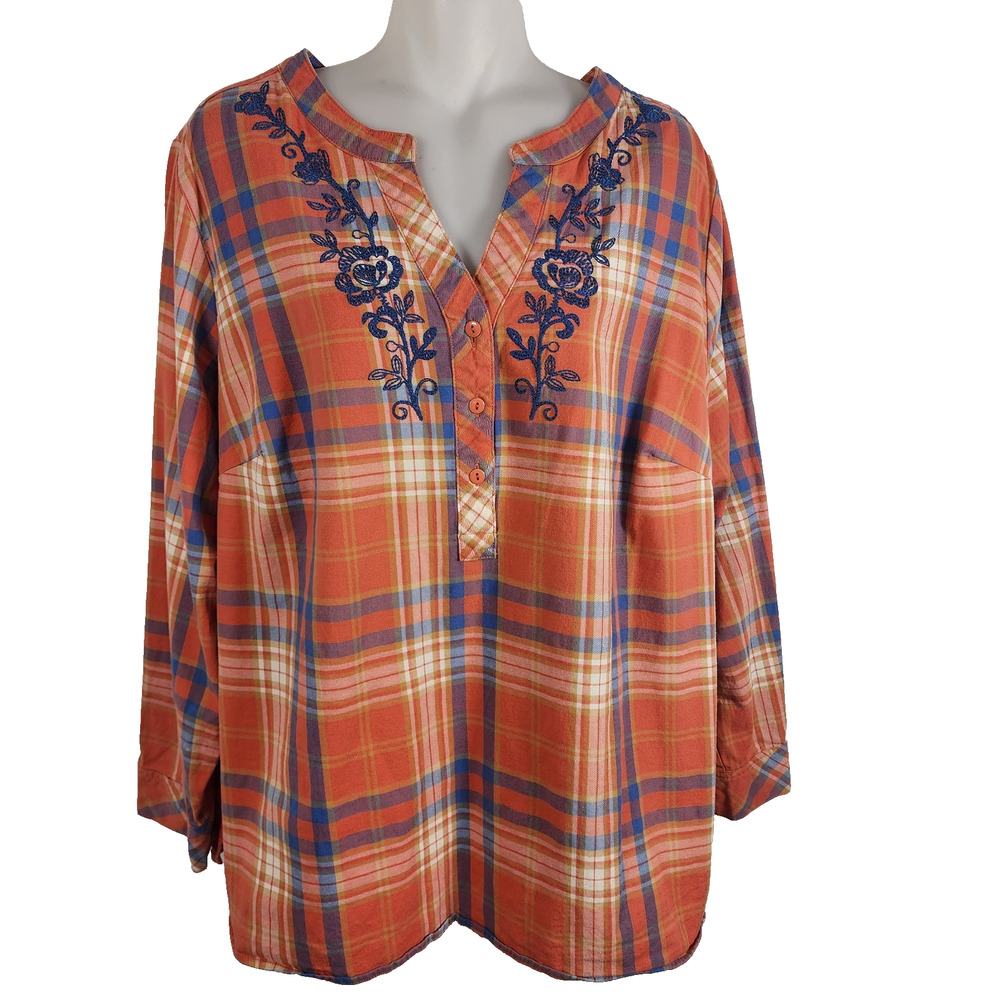 Denim & Co Women Stretch Plaid Herringbone Shirt Embroidery 1X Orange A342487